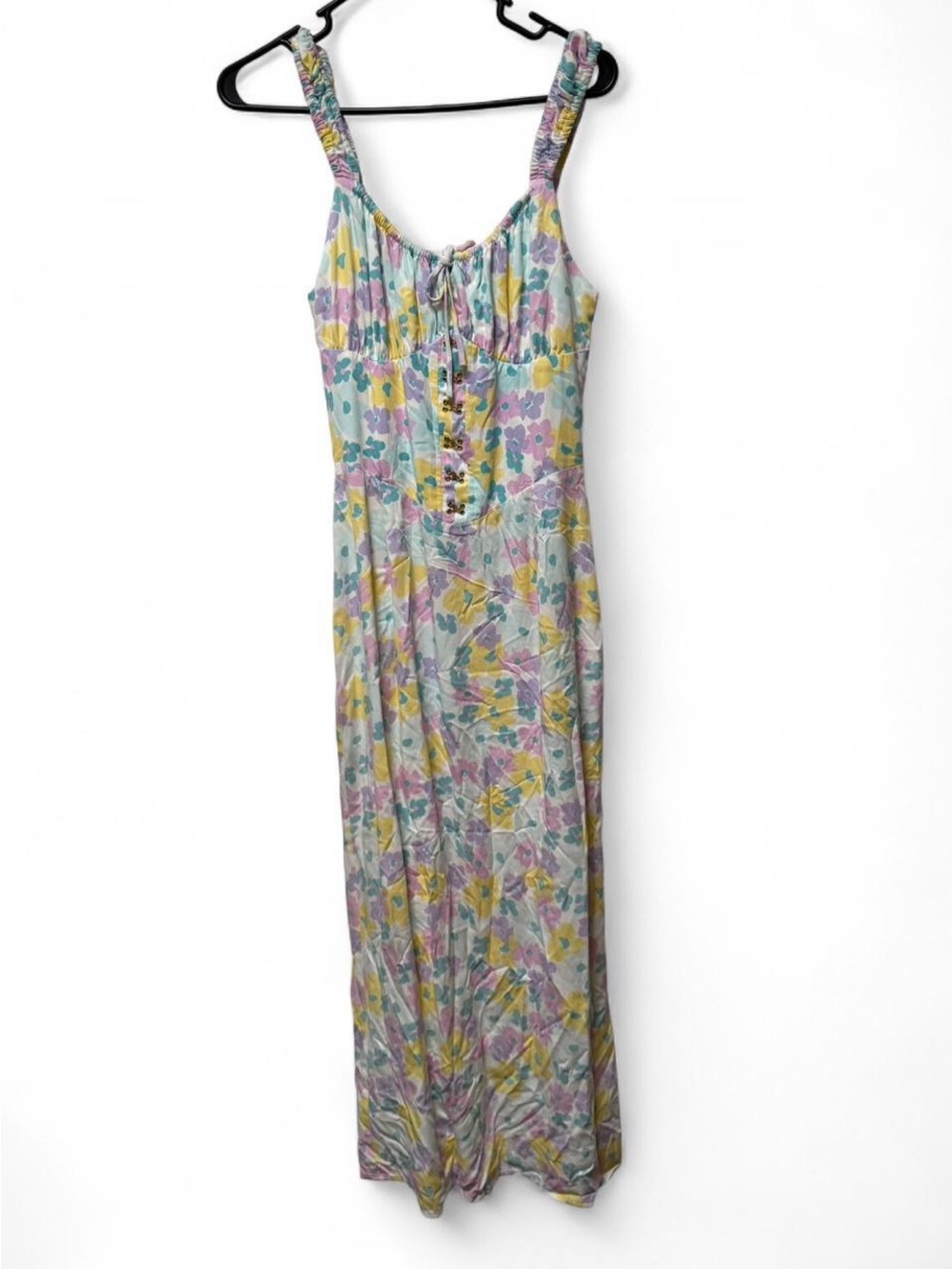 Sabo Skirt Corset Style Summer Floral Tie-Front Maxi Dress in Pastel Mix Small